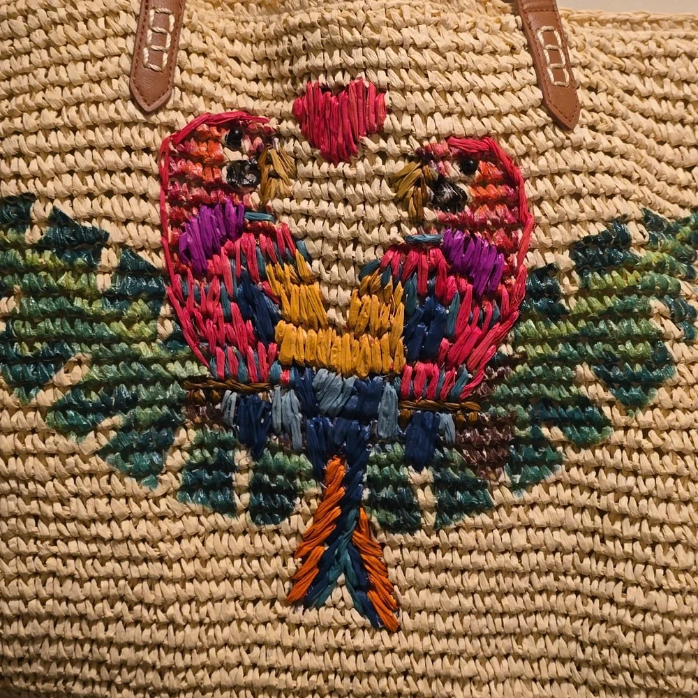 INC International Concepts Straw Tote with Parrot Embroidery #CL